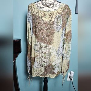 Women's Brown, Tan, Black, White, and Green Floral Print Blouse Size L